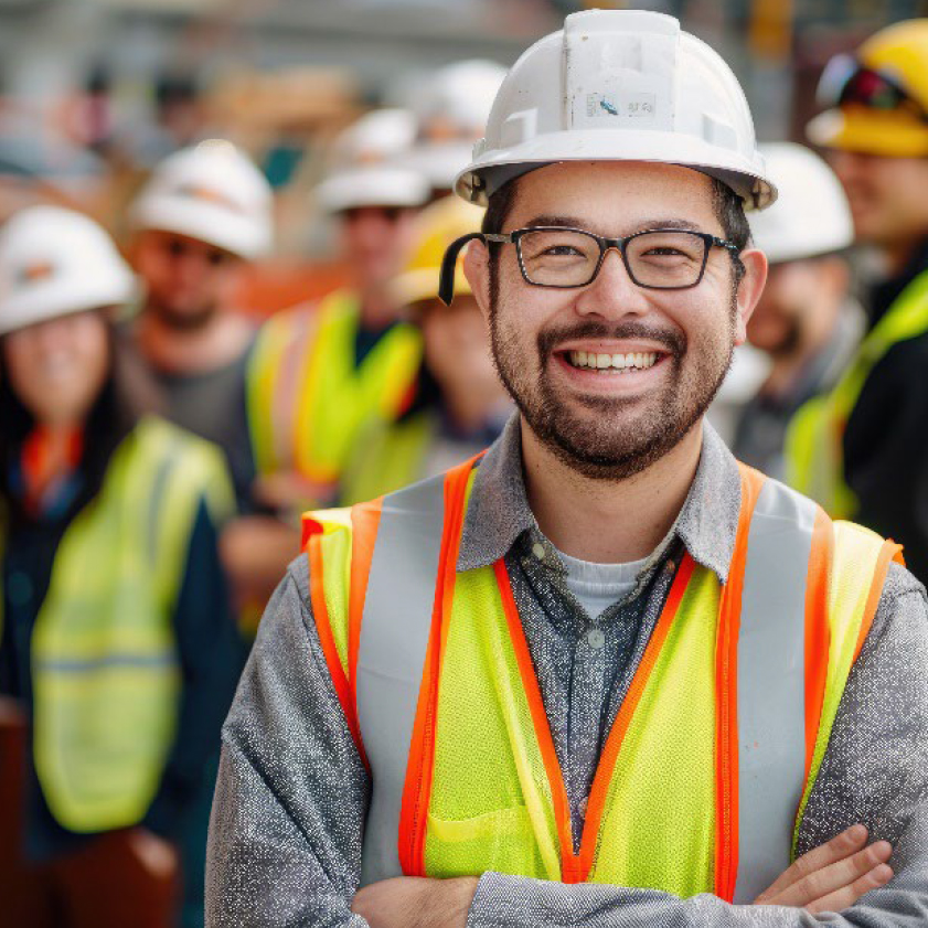 Smiling trades professional wearing PPE