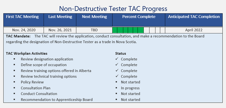 Non-Destructive Tester TAC Progress