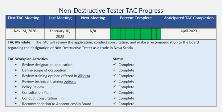 NDT TAC Progress