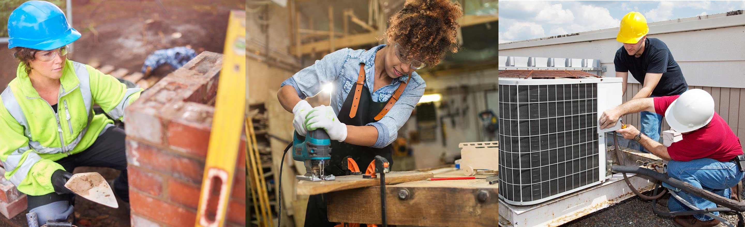 Male and female tradespersons working in multiple trades